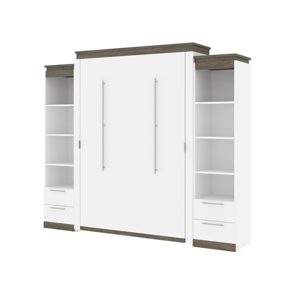 Orion 104W Queen Murphy Bed and 2 Narrow Shelving Units with Drawers (105W), White & Walnut Grey